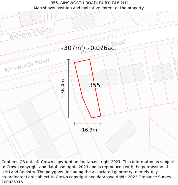 355, AINSWORTH ROAD, BURY, BL8 2LU: Plot and title map
