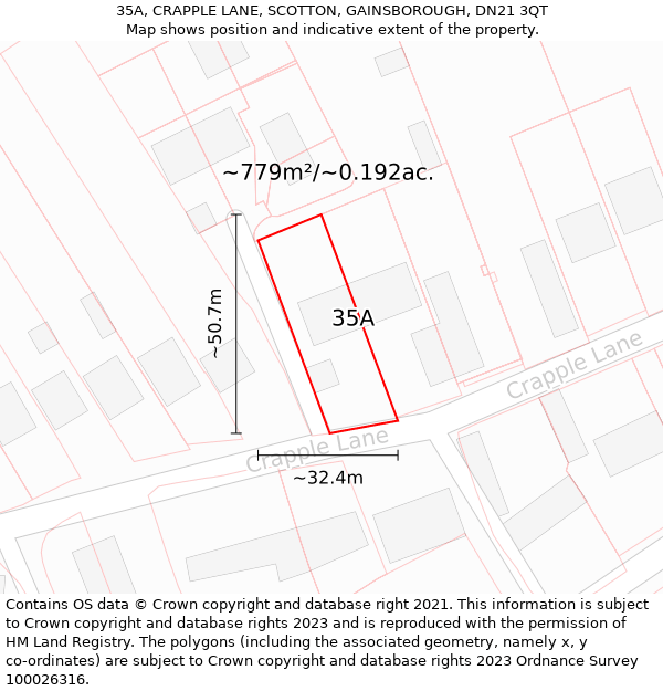 35A, CRAPPLE LANE, SCOTTON, GAINSBOROUGH, DN21 3QT: Plot and title map