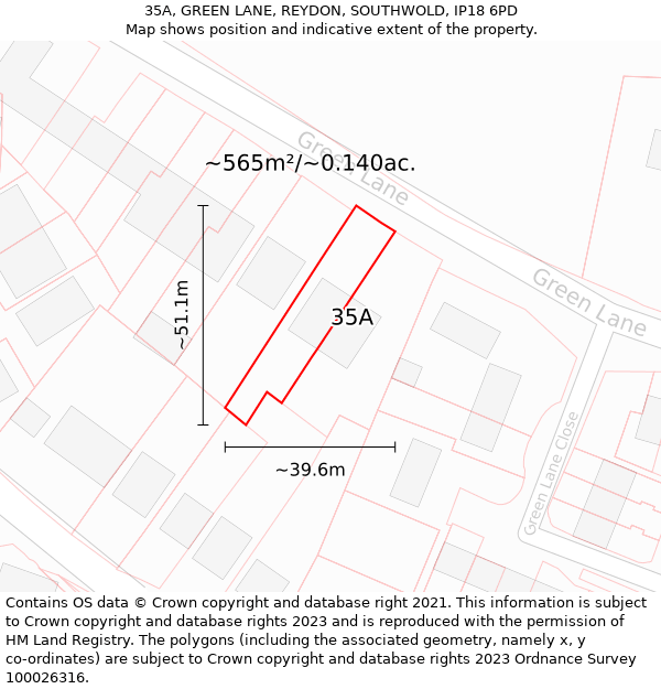 35A, GREEN LANE, REYDON, SOUTHWOLD, IP18 6PD: Plot and title map