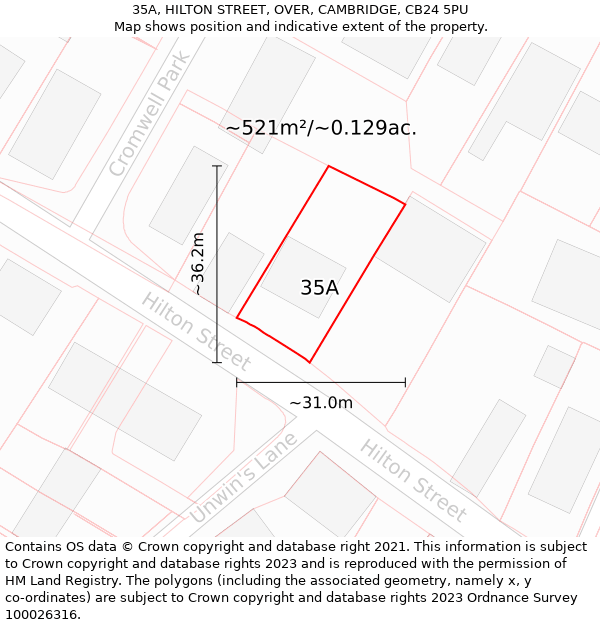 35A, HILTON STREET, OVER, CAMBRIDGE, CB24 5PU: Plot and title map