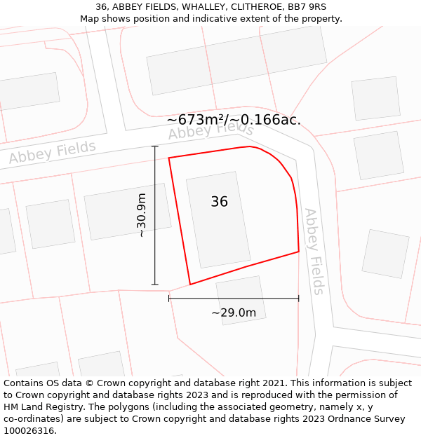 36, ABBEY FIELDS, WHALLEY, CLITHEROE, BB7 9RS: Plot and title map