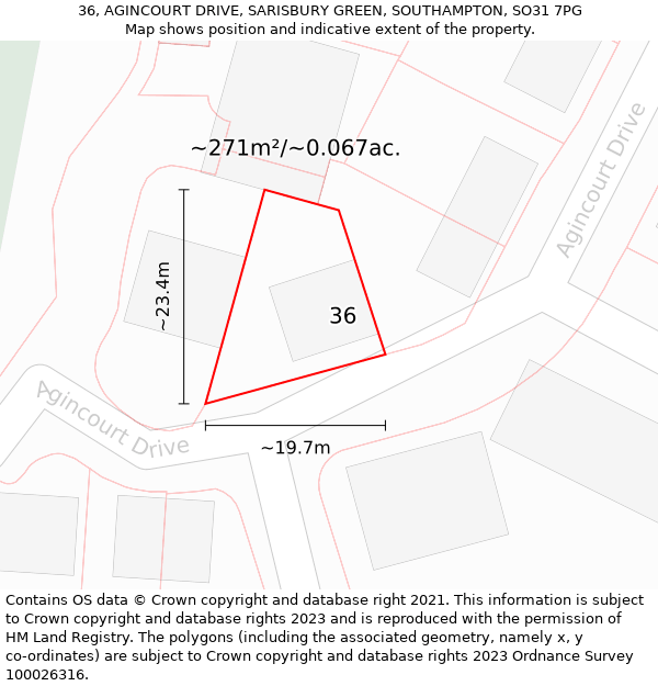 36, AGINCOURT DRIVE, SARISBURY GREEN, SOUTHAMPTON, SO31 7PG: Plot and title map