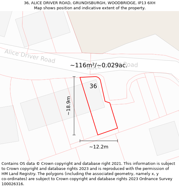 36, ALICE DRIVER ROAD, GRUNDISBURGH, WOODBRIDGE, IP13 6XH: Plot and title map