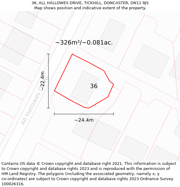 36, ALL HALLOWES DRIVE, TICKHILL, DONCASTER, DN11 9JS: Plot and title map