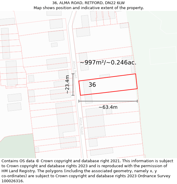 36, ALMA ROAD, RETFORD, DN22 6LW: Plot and title map