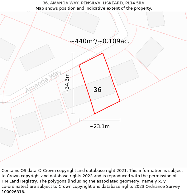 36, AMANDA WAY, PENSILVA, LISKEARD, PL14 5RA: Plot and title map