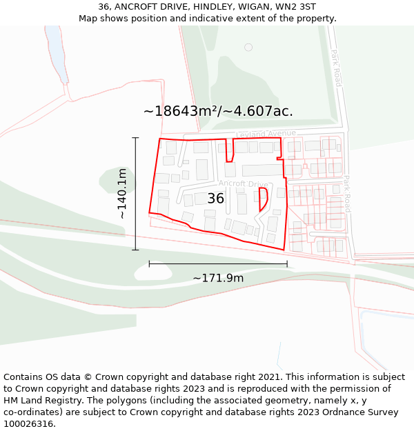 36, ANCROFT DRIVE, HINDLEY, WIGAN, WN2 3ST: Plot and title map