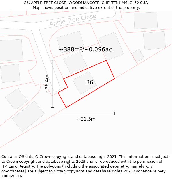 36, APPLE TREE CLOSE, WOODMANCOTE, CHELTENHAM, GL52 9UA: Plot and title map