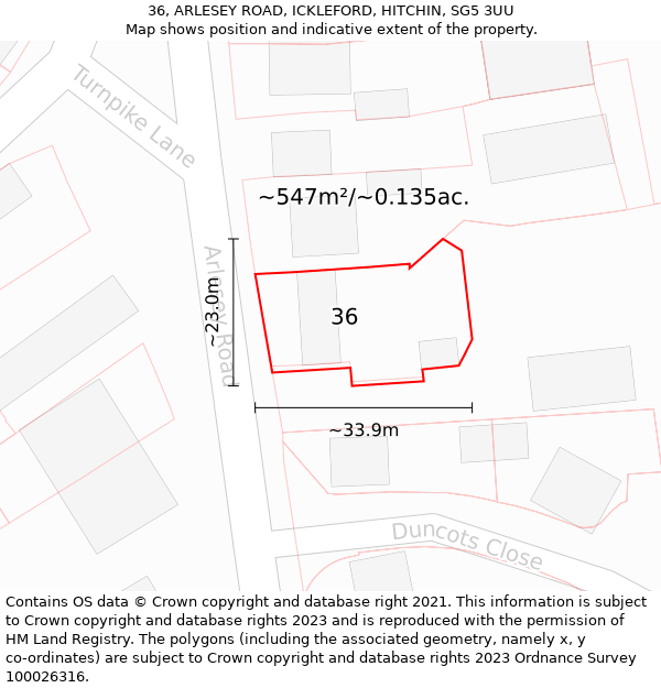 36, ARLESEY ROAD, ICKLEFORD, HITCHIN, SG5 3UU: Plot and title map