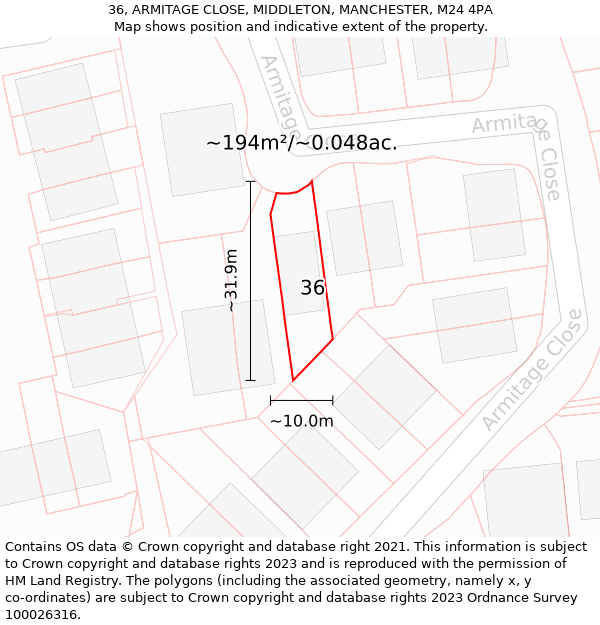 36, ARMITAGE CLOSE, MIDDLETON, MANCHESTER, M24 4PA: Plot and title map