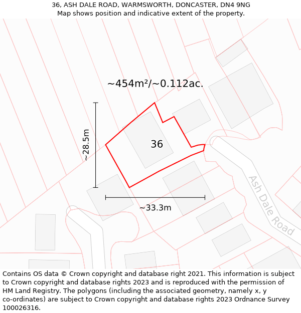 36, ASH DALE ROAD, WARMSWORTH, DONCASTER, DN4 9NG: Plot and title map