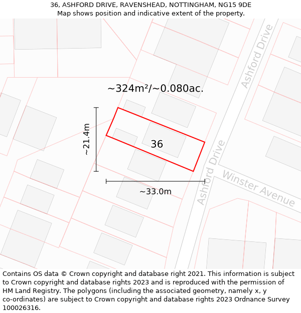 36, ASHFORD DRIVE, RAVENSHEAD, NOTTINGHAM, NG15 9DE: Plot and title map