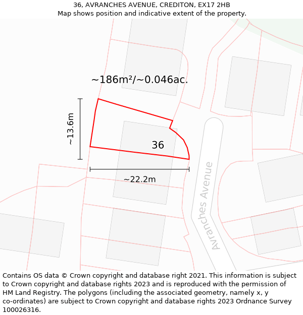 36, AVRANCHES AVENUE, CREDITON, EX17 2HB: Plot and title map