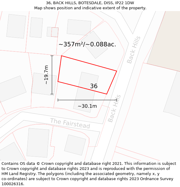 36, BACK HILLS, BOTESDALE, DISS, IP22 1DW: Plot and title map