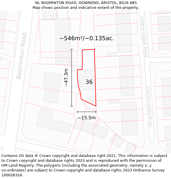 36, BADMINTON ROAD, DOWNEND, BRISTOL, BS16 6BS: Plot and title map