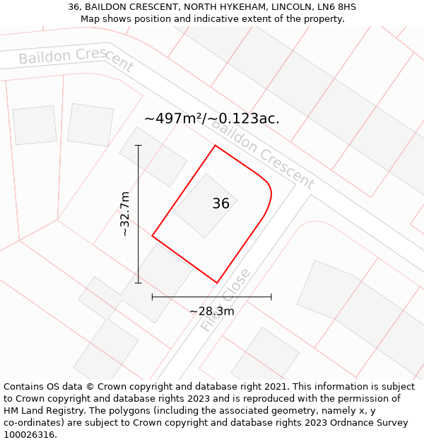 36, BAILDON CRESCENT, NORTH HYKEHAM, LINCOLN, LN6 8HS: Plot and title map