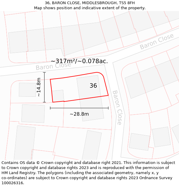 36, BARON CLOSE, MIDDLESBROUGH, TS5 8FH: Plot and title map