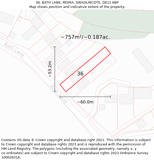 36, BATH LANE, MOIRA, SWADLINCOTE, DE12 6BP: Plot and title map