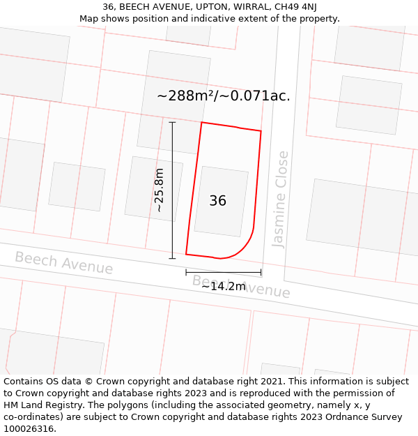 36, BEECH AVENUE, UPTON, WIRRAL, CH49 4NJ: Plot and title map