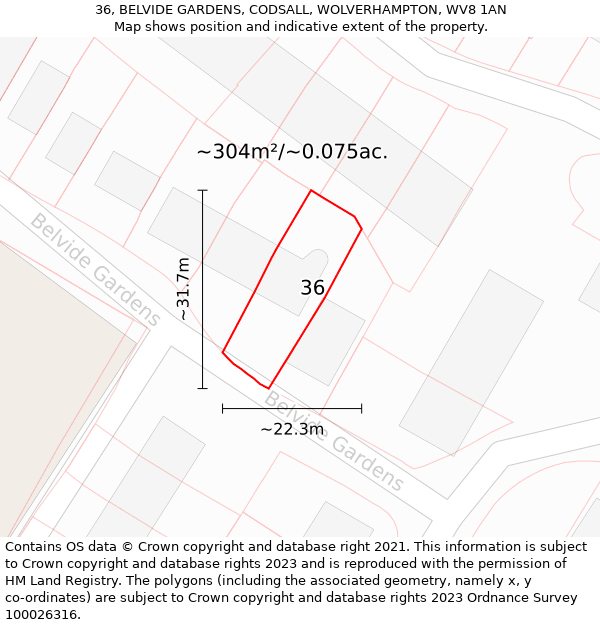 36, BELVIDE GARDENS, CODSALL, WOLVERHAMPTON, WV8 1AN: Plot and title map