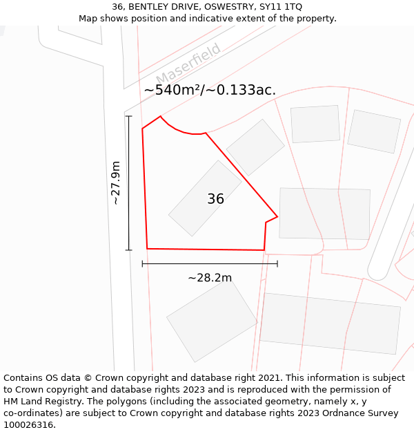 36, BENTLEY DRIVE, OSWESTRY, SY11 1TQ: Plot and title map