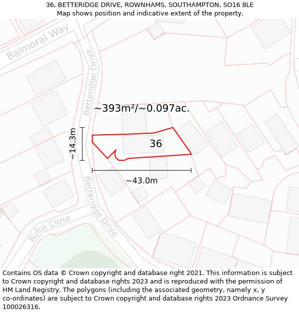 36, BETTERIDGE DRIVE, ROWNHAMS, SOUTHAMPTON, SO16 8LE: Plot and title map