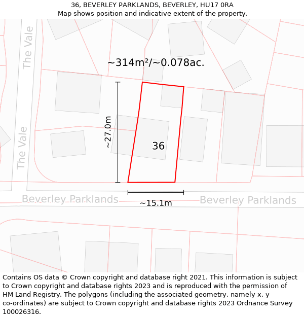 36, BEVERLEY PARKLANDS, BEVERLEY, HU17 0RA: Plot and title map