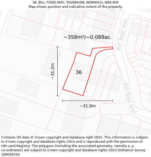 36, BILL TODD WAY, TAVERHAM, NORWICH, NR8 6GF: Plot and title map