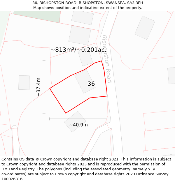 36, BISHOPSTON ROAD, BISHOPSTON, SWANSEA, SA3 3EH: Plot and title map