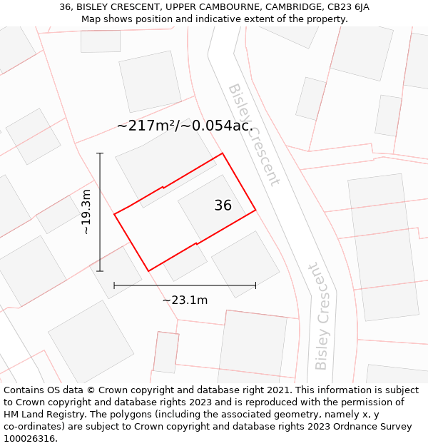 36, BISLEY CRESCENT, UPPER CAMBOURNE, CAMBRIDGE, CB23 6JA: Plot and title map