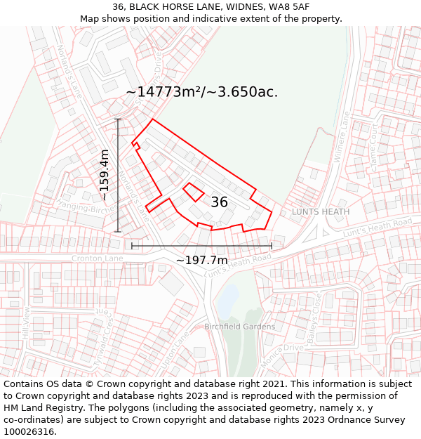 36, BLACK HORSE LANE, WIDNES, WA8 5AF: Plot and title map