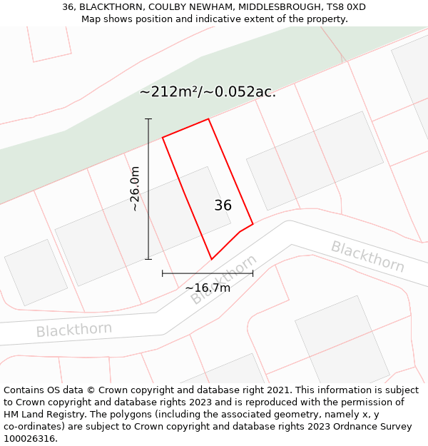 36, BLACKTHORN, COULBY NEWHAM, MIDDLESBROUGH, TS8 0XD: Plot and title map