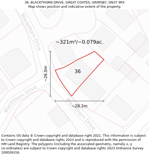 36, BLACKTHORN DRIVE, GREAT COATES, GRIMSBY, DN37 9PX: Plot and title map