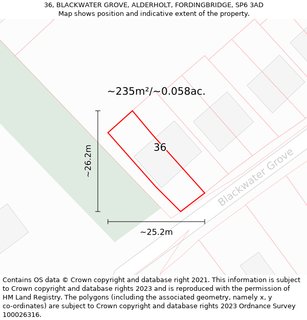 36, BLACKWATER GROVE, ALDERHOLT, FORDINGBRIDGE, SP6 3AD: Plot and title map