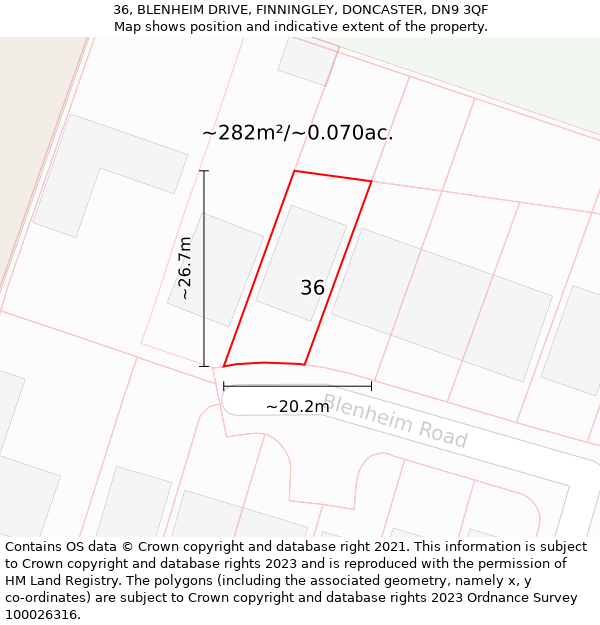 36, BLENHEIM DRIVE, FINNINGLEY, DONCASTER, DN9 3QF: Plot and title map