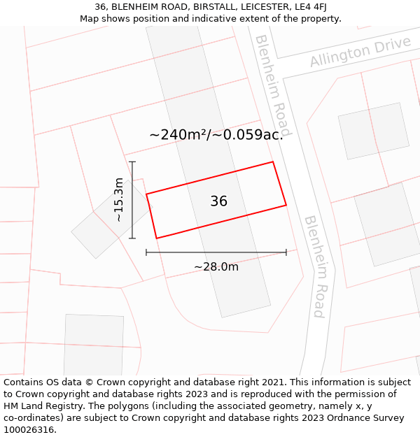 36, BLENHEIM ROAD, BIRSTALL, LEICESTER, LE4 4FJ: Plot and title map
