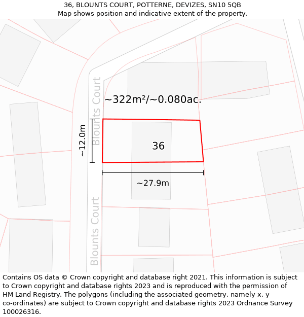 36, BLOUNTS COURT, POTTERNE, DEVIZES, SN10 5QB: Plot and title map