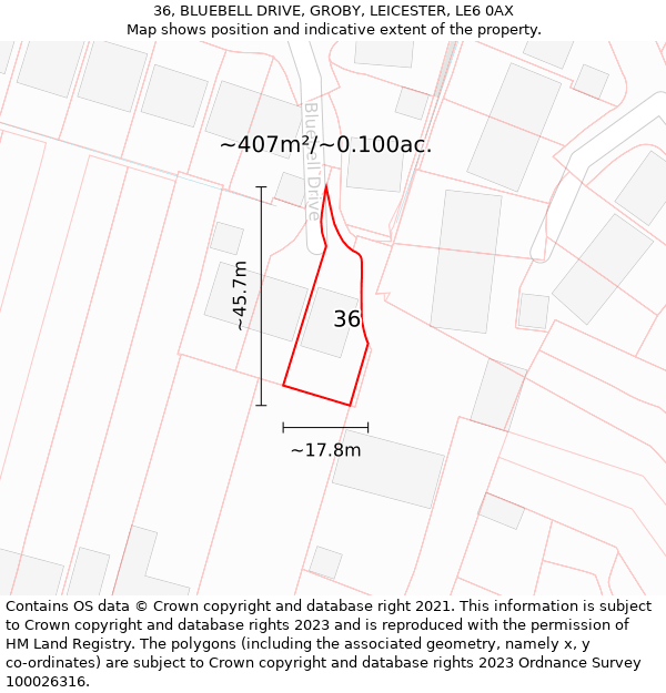 36, BLUEBELL DRIVE, GROBY, LEICESTER, LE6 0AX: Plot and title map