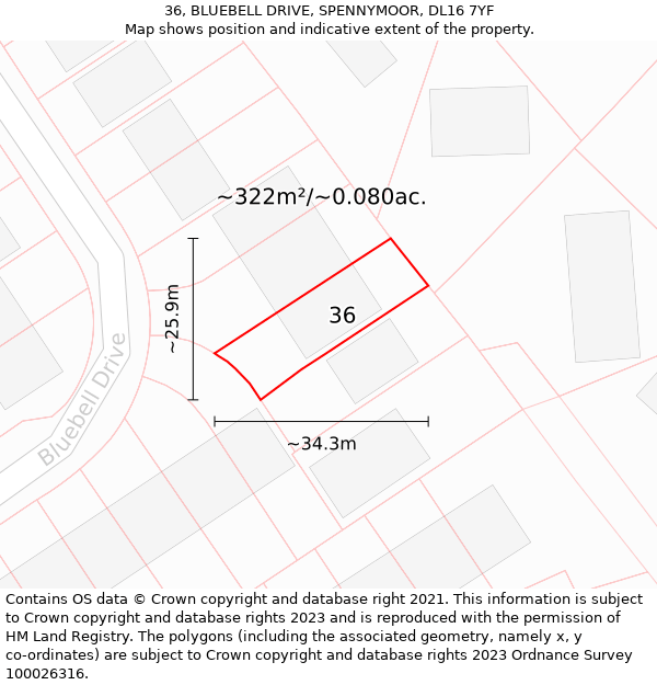 36, BLUEBELL DRIVE, SPENNYMOOR, DL16 7YF: Plot and title map