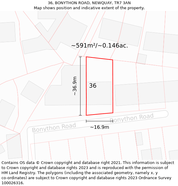 36, BONYTHON ROAD, NEWQUAY, TR7 3AN: Plot and title map