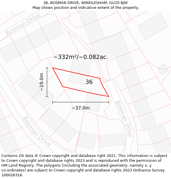 36, BOSMAN DRIVE, WINDLESHAM, GU20 6JW: Plot and title map