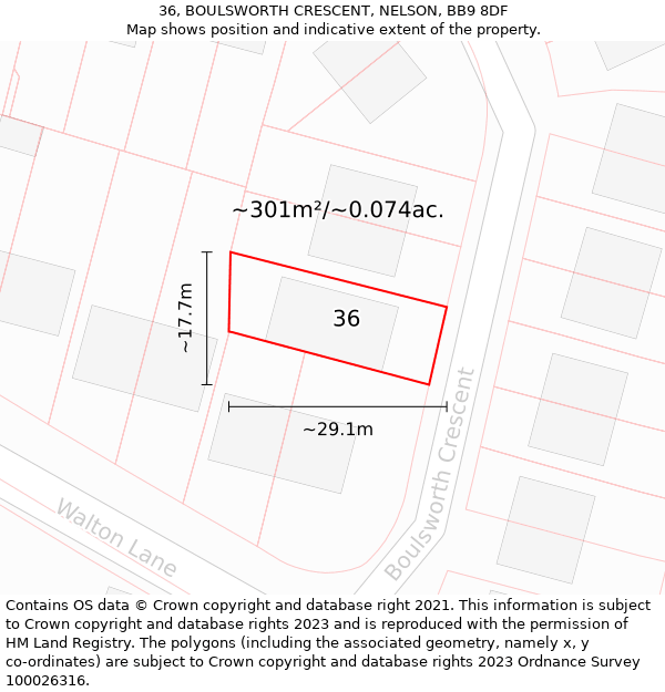 36, BOULSWORTH CRESCENT, NELSON, BB9 8DF: Plot and title map