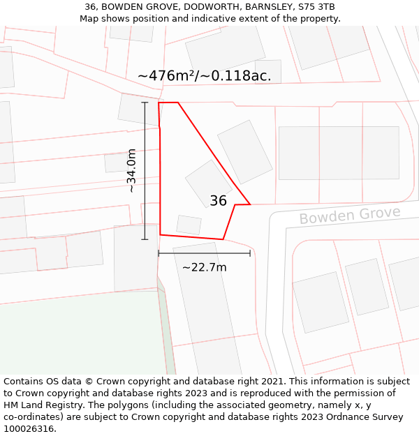 36, BOWDEN GROVE, DODWORTH, BARNSLEY, S75 3TB: Plot and title map