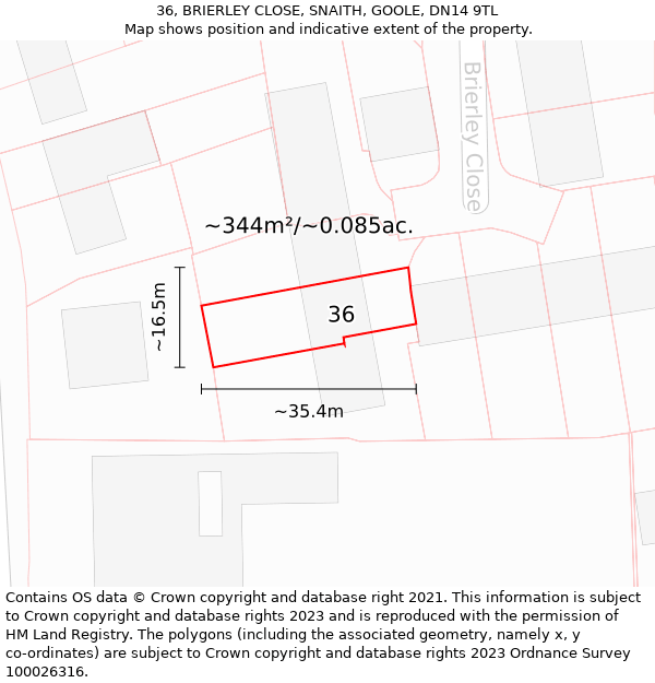 36, BRIERLEY CLOSE, SNAITH, GOOLE, DN14 9TL: Plot and title map