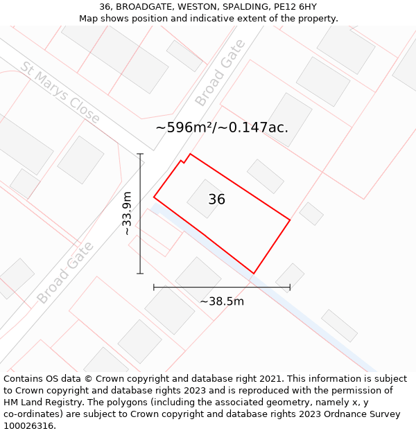 36, BROADGATE, WESTON, SPALDING, PE12 6HY: Plot and title map