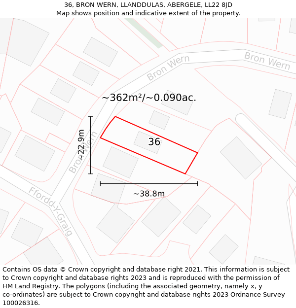 36, BRON WERN, LLANDDULAS, ABERGELE, LL22 8JD: Plot and title map