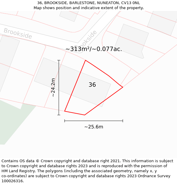 36, BROOKSIDE, BARLESTONE, NUNEATON, CV13 0NL: Plot and title map