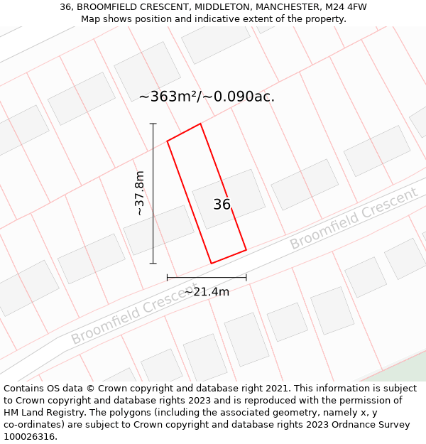 36, BROOMFIELD CRESCENT, MIDDLETON, MANCHESTER, M24 4FW: Plot and title map