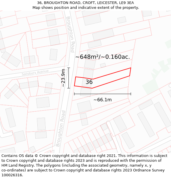 36, BROUGHTON ROAD, CROFT, LEICESTER, LE9 3EA: Plot and title map