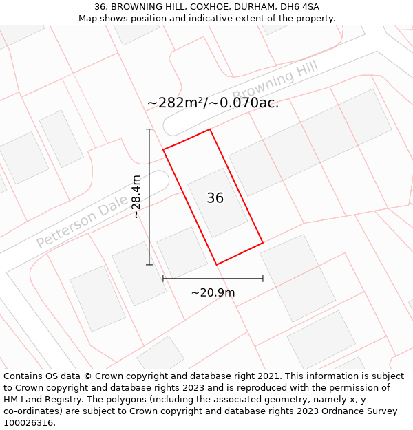 36, BROWNING HILL, COXHOE, DURHAM, DH6 4SA: Plot and title map